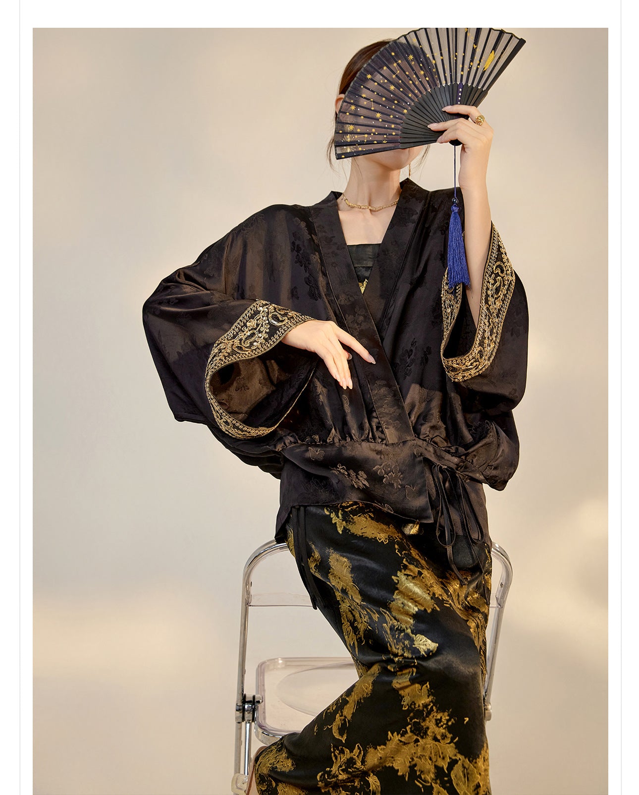 Summer New Chinese Printed Rayon Shirt & Strap Dress Set