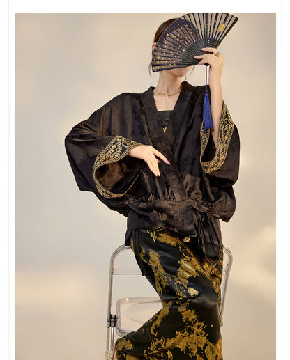 Summer New Chinese Printed Rayon Shirt & Strap Dress Set