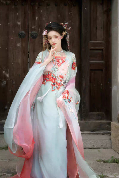 Original Hanfu Set Women's Heavy Embroidery Rose Manor Fairy Style