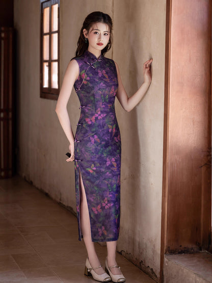 Purple Chinese Style Qipao – Butterfly Elegant Daily Dress