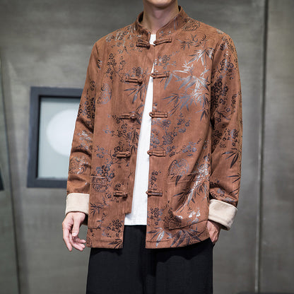 Chinese Style Mens Retro Tang Suit Button Printed Velvet Coat