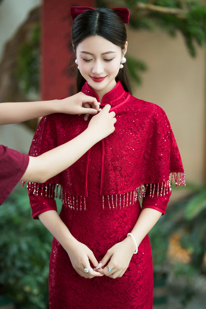 Elegant Red Two-Piece Cheongsam – Autumn Wedding Event Dress