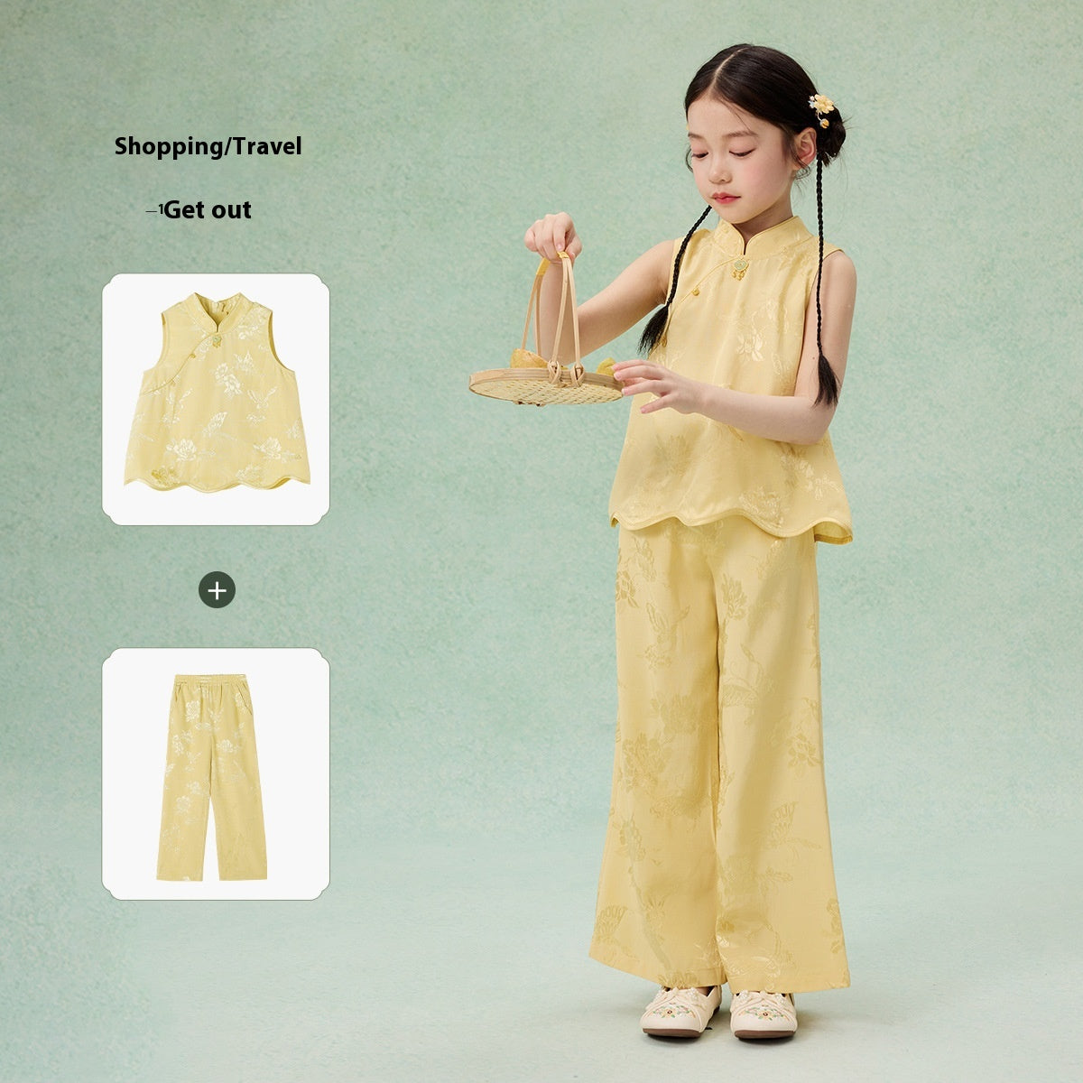 National Style Hanfu-Inspired Summer Set — Top & Pants for Children