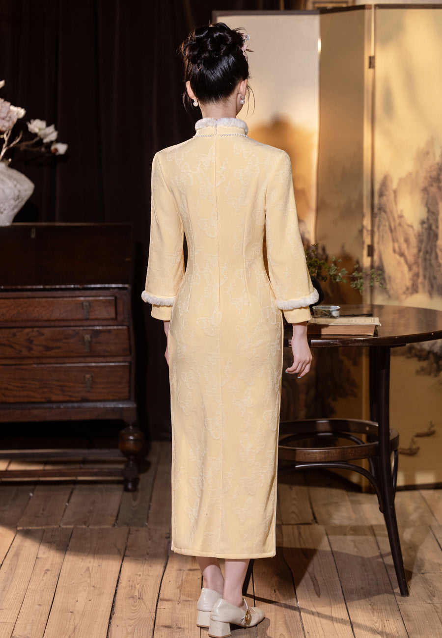 Elegant Yellow Winter Cheongsam – High-End Warm Daily Style