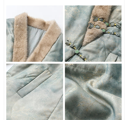 New Chinese Style Feather Collar Embroidered Cotton Jacket for Women