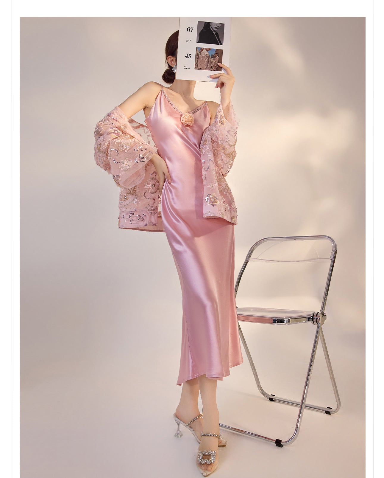 French Style Pink 3D Rose Acetate Strap Dress Elegant Long Gown