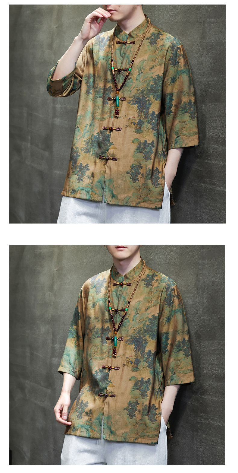 Mens Summer Chinese Tang Shirt Three Quarter Sleeve Fashion Trendy