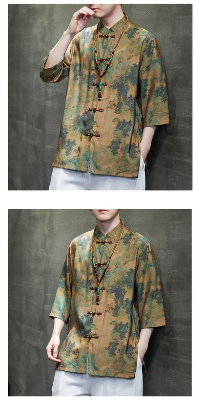 Mens Summer Chinese Tang Shirt Three Quarter Sleeve Fashion Trendy