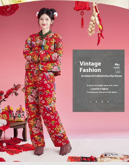 Northeast Floral Winter Jacket Women Thick Ethnic Cotton Coat Set