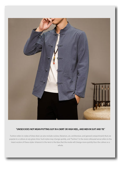 Men’s Chinese Style Cotton Linen Tang Shirt Long Sleeve Casual Retro