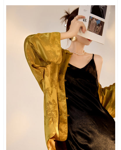 New Chinese Old Money Style Dragon Embroidered Acetate Luxury Coat