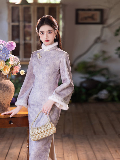 New Chinese Style Purple Qipao | Thickened Warm Retro Winter Dress