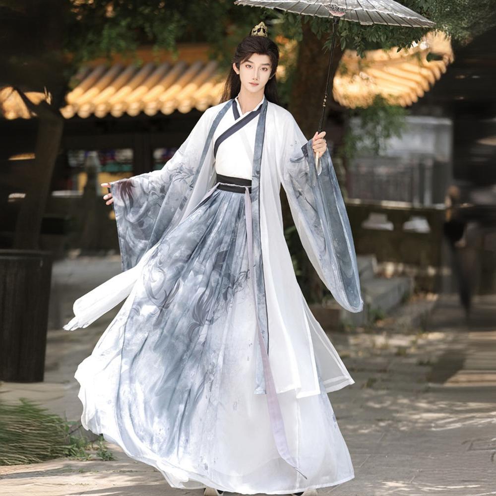 Oriental Ancient Drama Hanfu Costume Mens White Ink Print Daily Wear