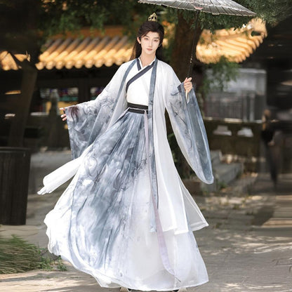 Oriental Ancient Drama Hanfu Costume Mens White Ink Print Daily Wear