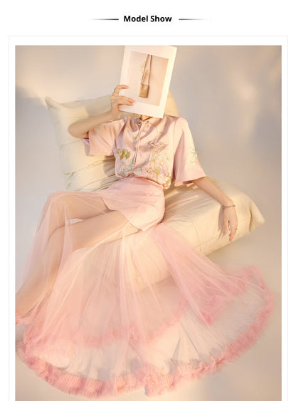 Summer New Chinese Style Embroidered Printed Top and Skirt Set