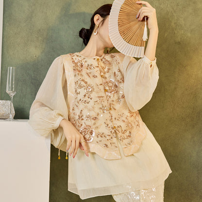 New Chinese Style Embroidered Mesh Shirt | Autumn Light Luxury Elegant Top