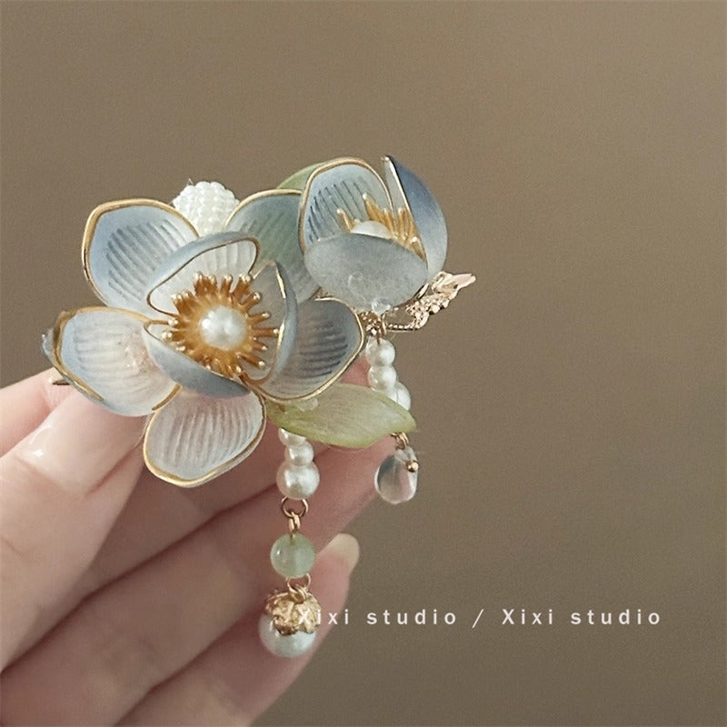 Orchid tassel headdress with side clips and new Chinese flower hairpins