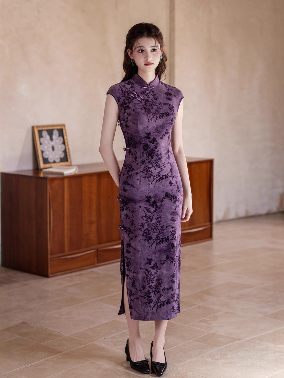 Autumn Elegant Cheongsam – Purple Retro Crescent Sleeve Dress