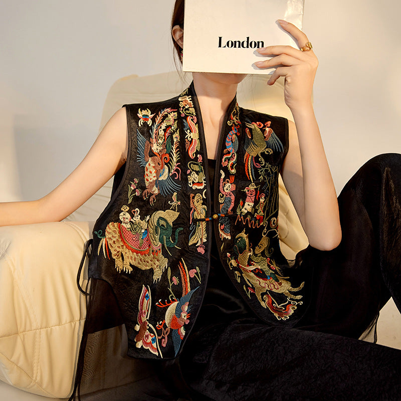 2026 New Chinese Style Silk Embroidered Mesh Patchwork Vintage Vest
