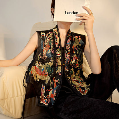 2026 New Chinese Style Silk Embroidered Mesh Patchwork Vintage Vest