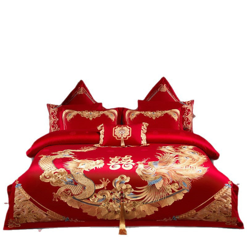 Luxury Red Cotton Wedding Bedding 4-Piece Embroidered Set