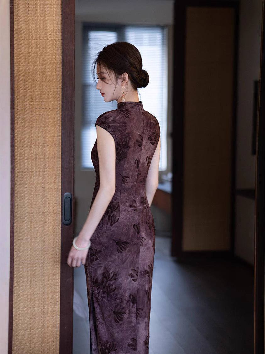 Elegant Purple Cheongsam – 2025 Slim Fit Retro Dress