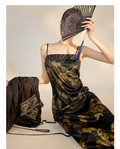 Summer New Chinese Printed Rayon Shirt & Strap Dress Set