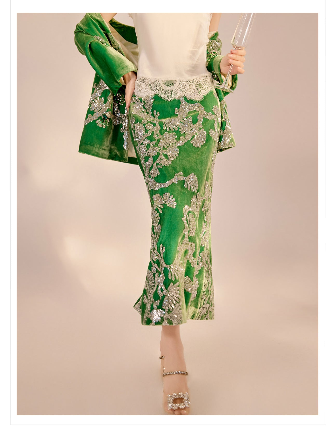 2025 Spring New Chinese Beaded Embroidered Silk Cardigan & Skirt Set