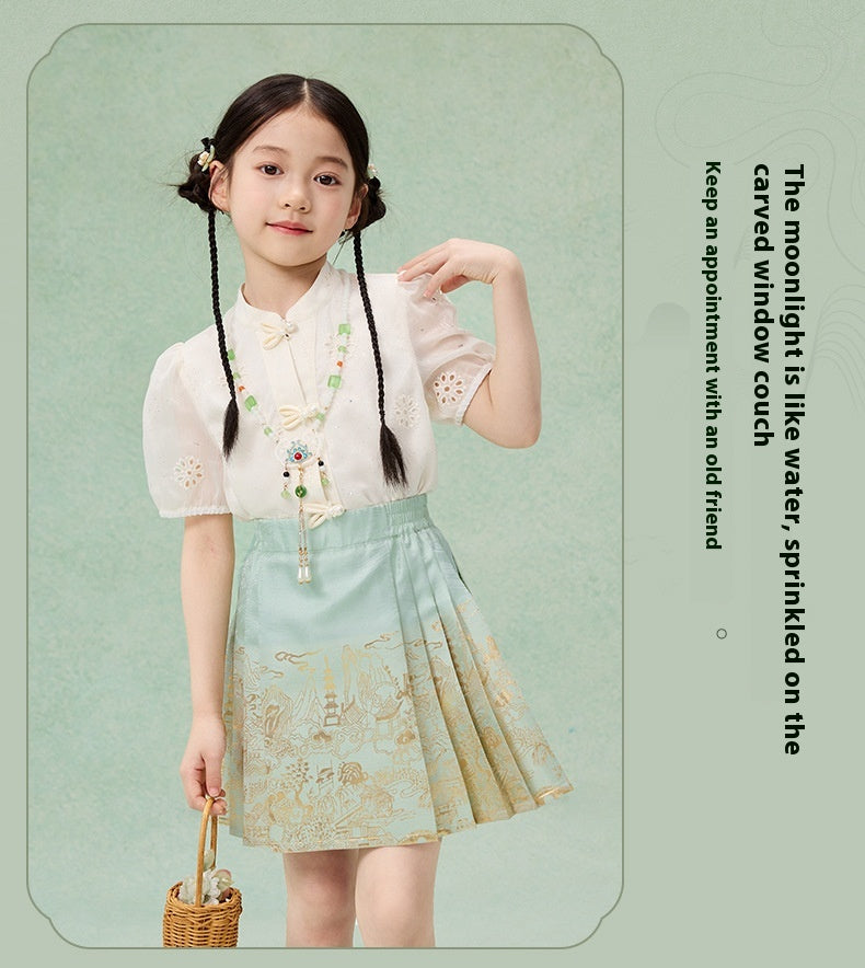 Girls Summer Hanfu Set — Short Sleeve Shirt & Mamian Skirt Two-Piece