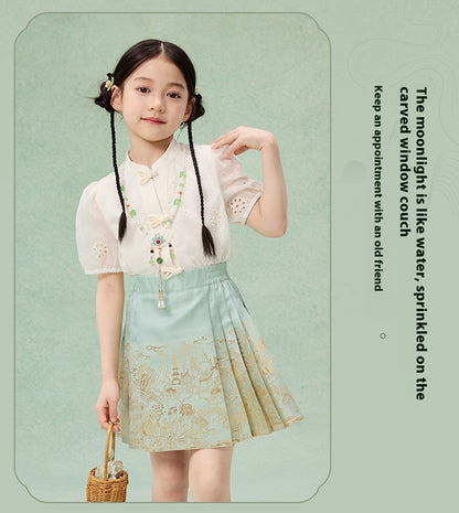 Girls Summer Hanfu Set — Short Sleeve Shirt & Mamian Skirt Two-Piece