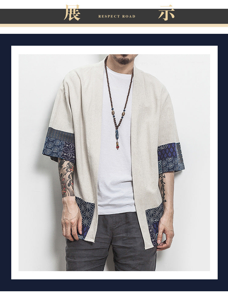 Summer Chinese Hanfu Cardigan Men’s Cotton Linen Patchwork Robe