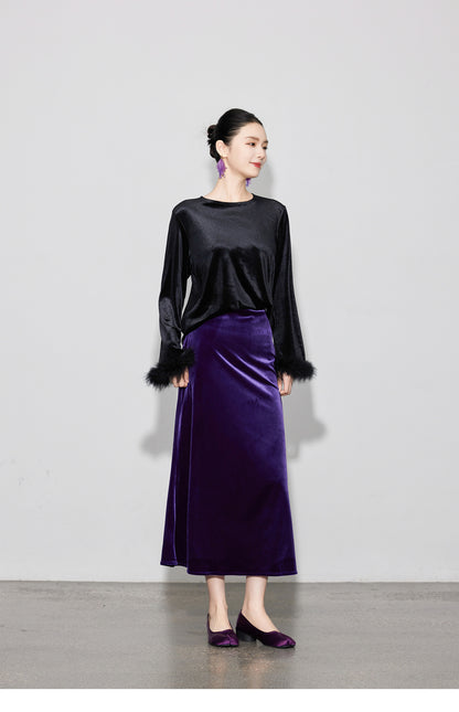 Chic Vintage High-Waist Velvet Long Skirt