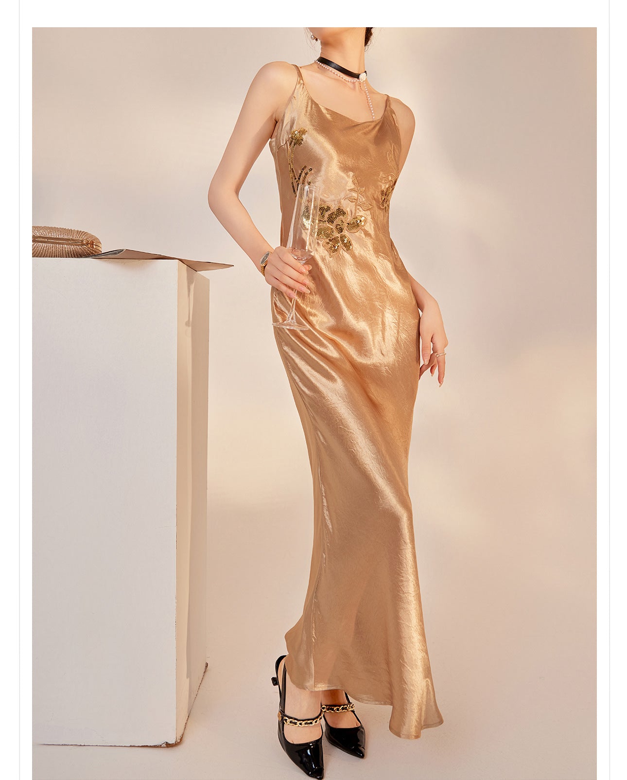 Elegant National Style Sequin Strap Dress | High-End Acetate Bodycon