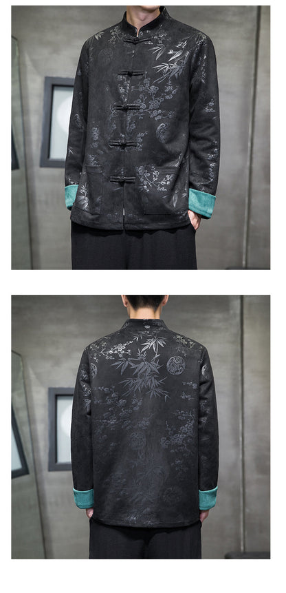 Chinese Style Mens Retro Tang Suit Button Printed Velvet Coat