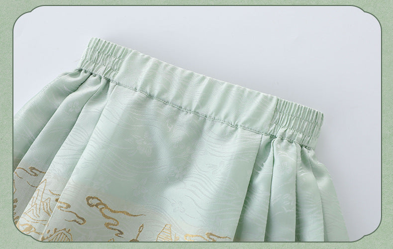 Girls Summer Hanfu Set — Short Sleeve Shirt & Mamian Skirt Two-Piece