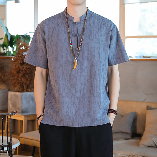 Chinese Style Mens Cotton Linen Tang Suit Short Sleeve Casual T Shirt