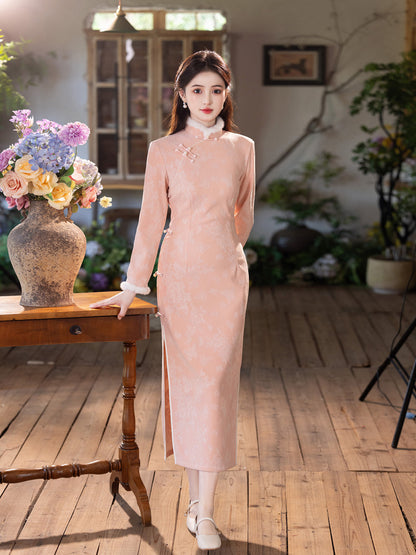 2025 Pink Velvet Cheongsam | New Chinese Style Warm Winter Dress
