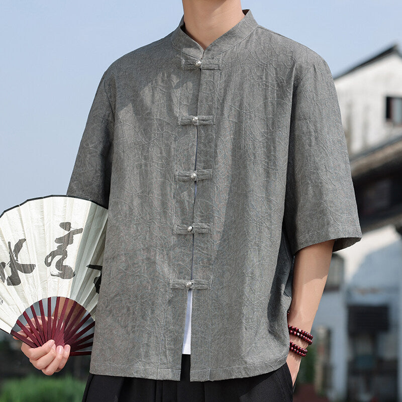 Chinese Style Mens Metal Button Jacquard Tang Shirt Summer Hanfu Top