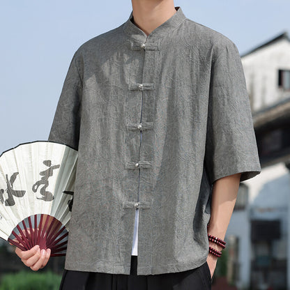 Chinese Style Mens Metal Button Jacquard Tang Shirt Summer Hanfu Top