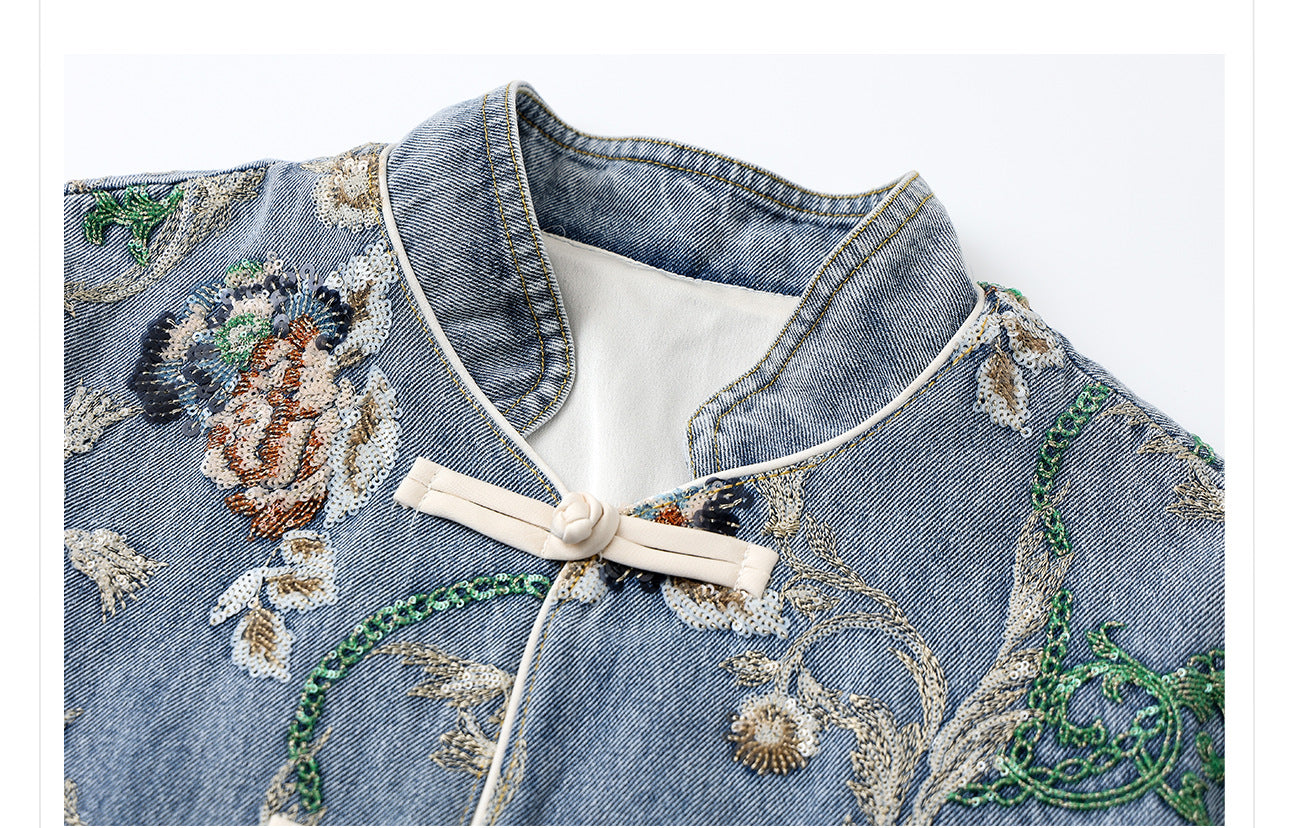 Blue Sequin Embroidered Denim Jacket High-End New Chinese Style