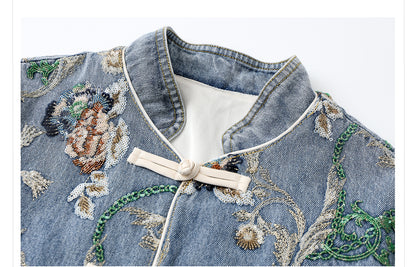 Blue Sequin Embroidered Denim Jacket High-End New Chinese Style