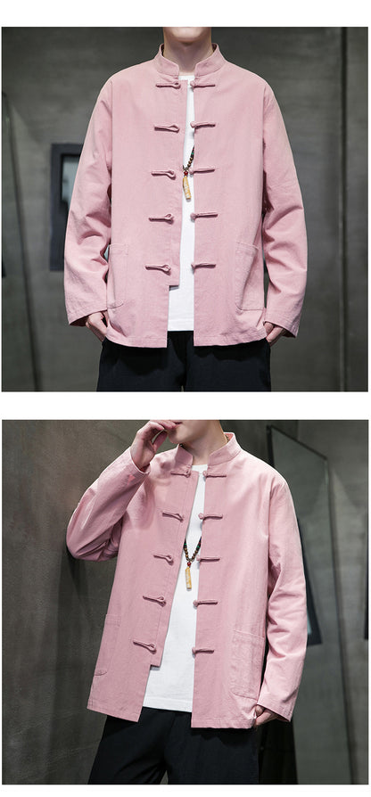 Mens Autumn Chinese Style Hanfu Tang Suit Button Up Cotton Linen Top