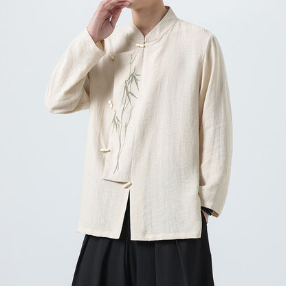 Chinese Style Mens Slanted Collar Hanfu Shirt Long Sleeve Tea Dress