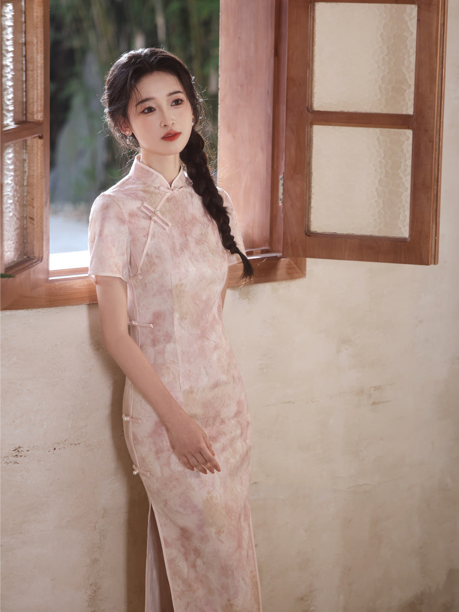 National Style Long Cheongsam – Elegant Short Sleeve Dress