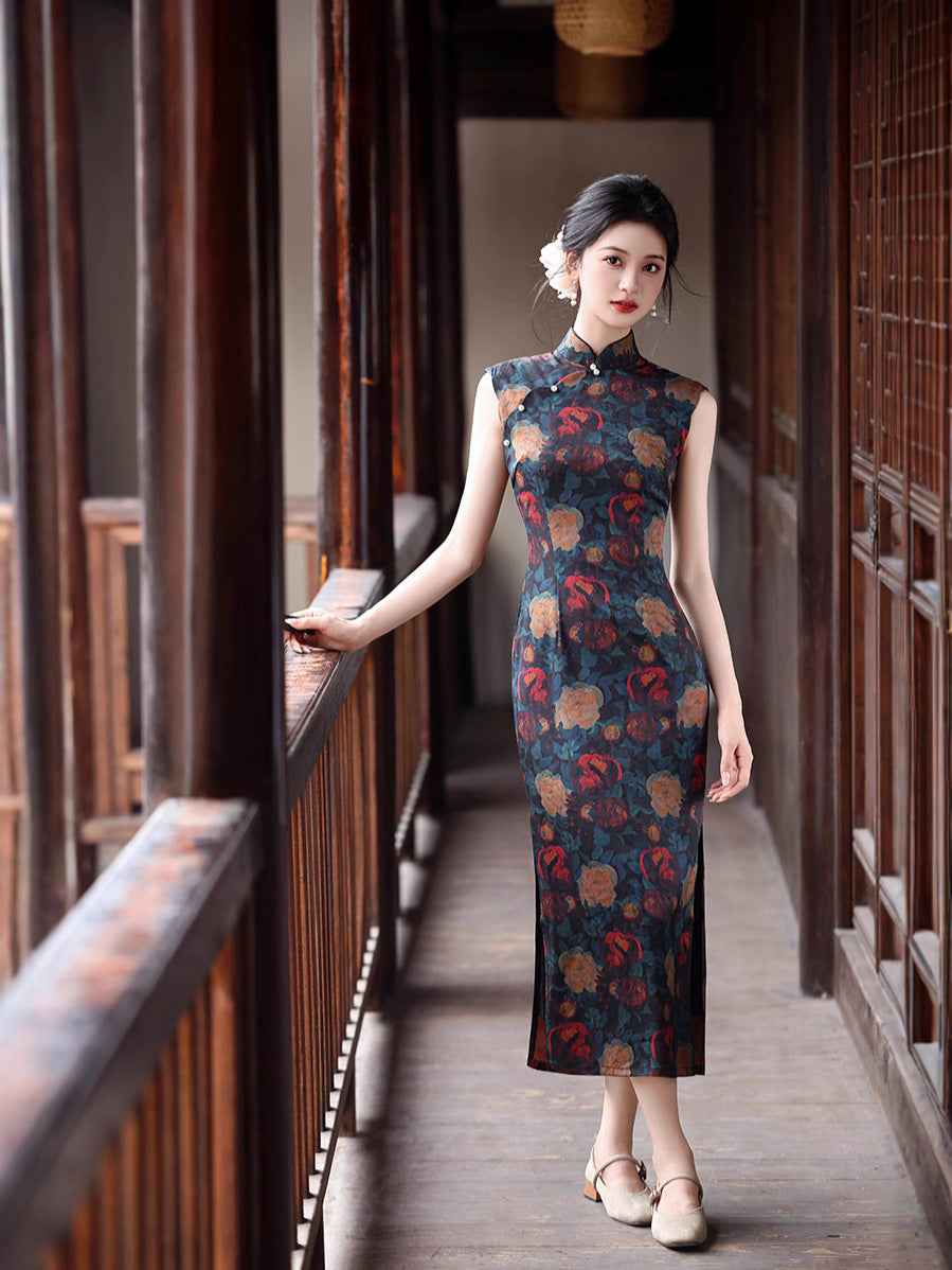 Retro Hong Kong Rose Cheongsam – Sleeveless Youth Dress