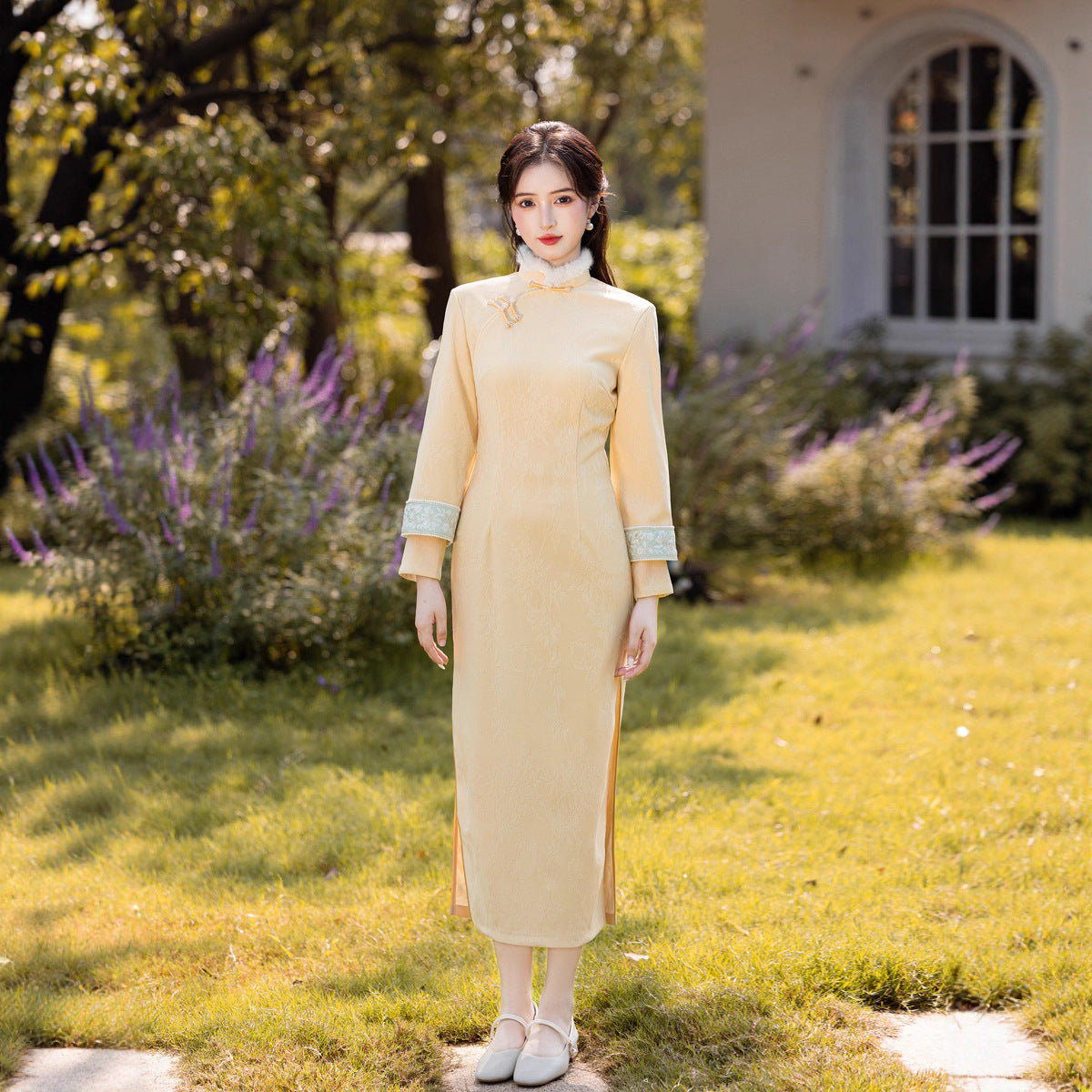 Yellow Fleece-Lined Long Sleeve Qipao | Winter New Chinese Style 2025