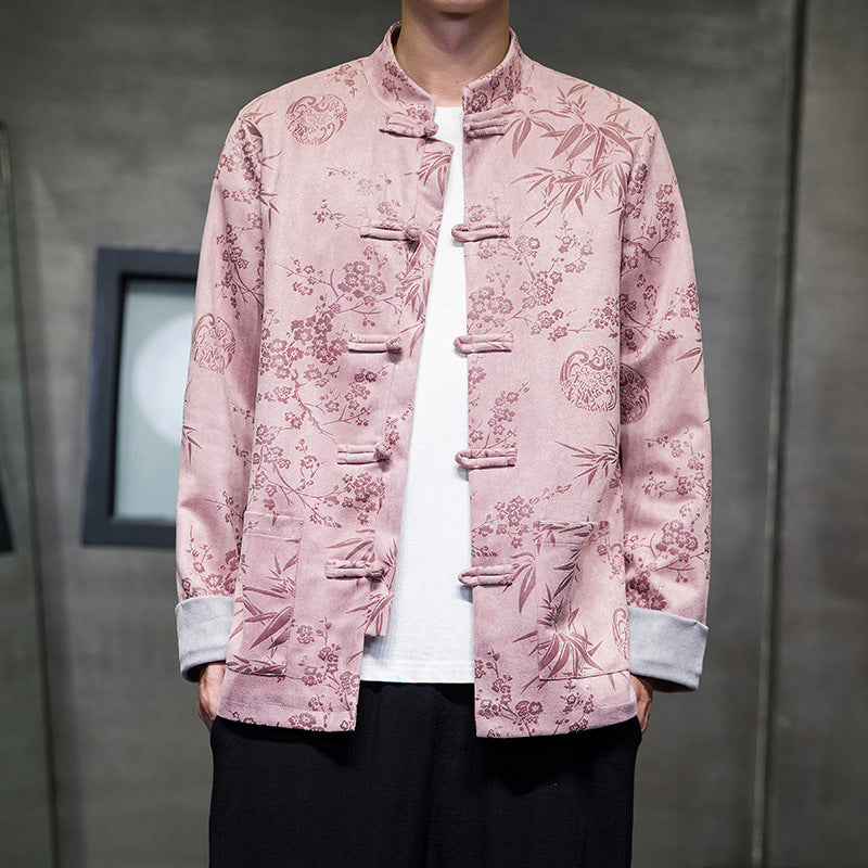 Chinese Style Mens Retro Tang Suit Button Printed Velvet Coat