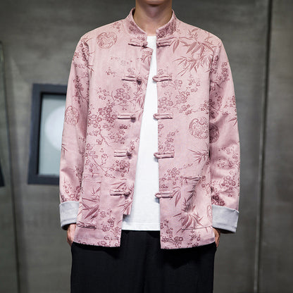 Chinese Style Mens Retro Tang Suit Button Printed Velvet Coat