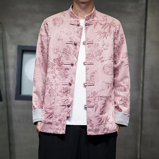 Chinese Style Mens Retro Tang Suit Button Printed Velvet Coat