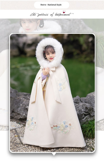 Girls' Winter Hanfu Cloak with Fur Collar Hooded Fairy Cape